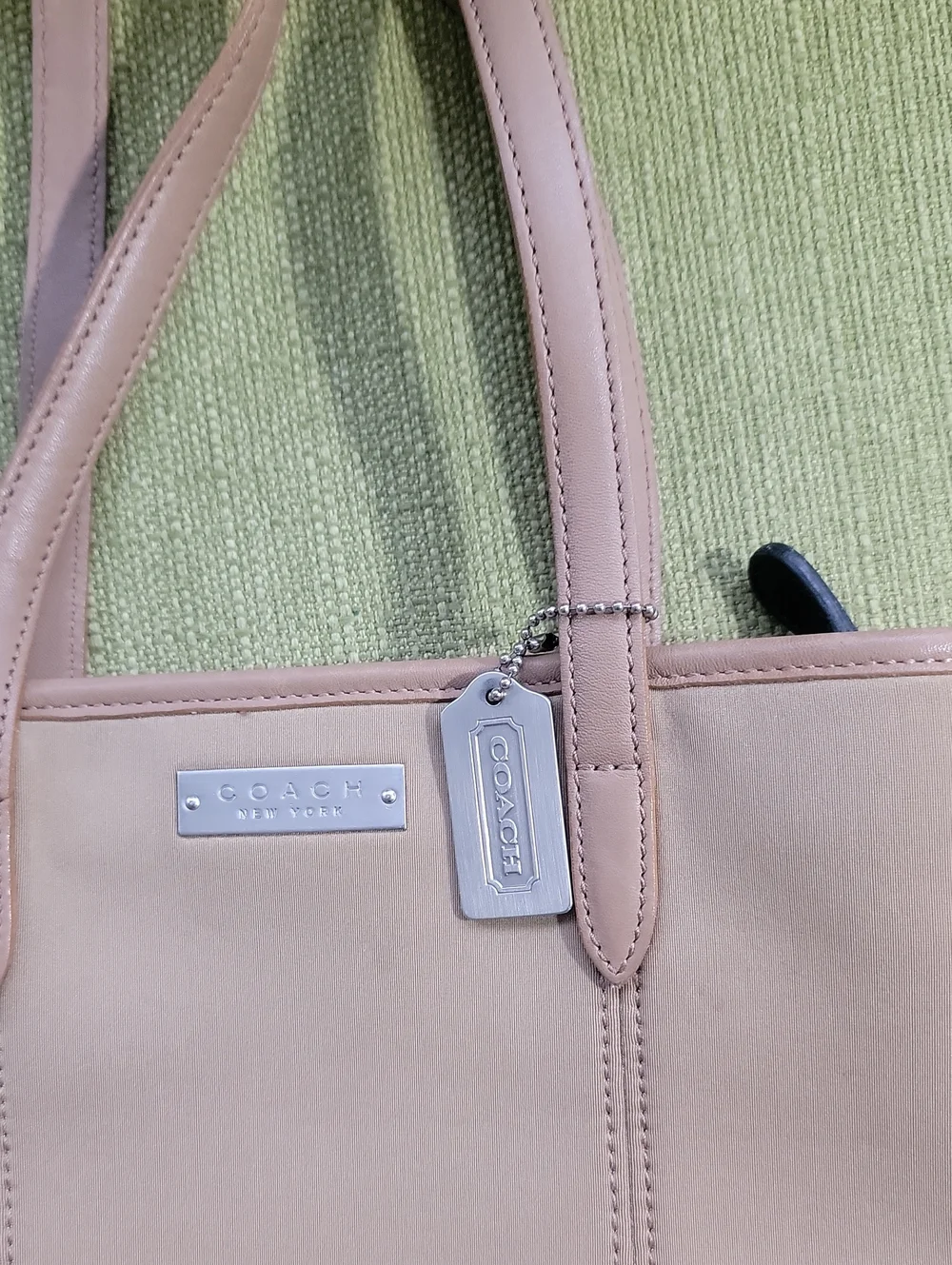 Coach Beige Rylon Shoulder Tote with Leather Trim